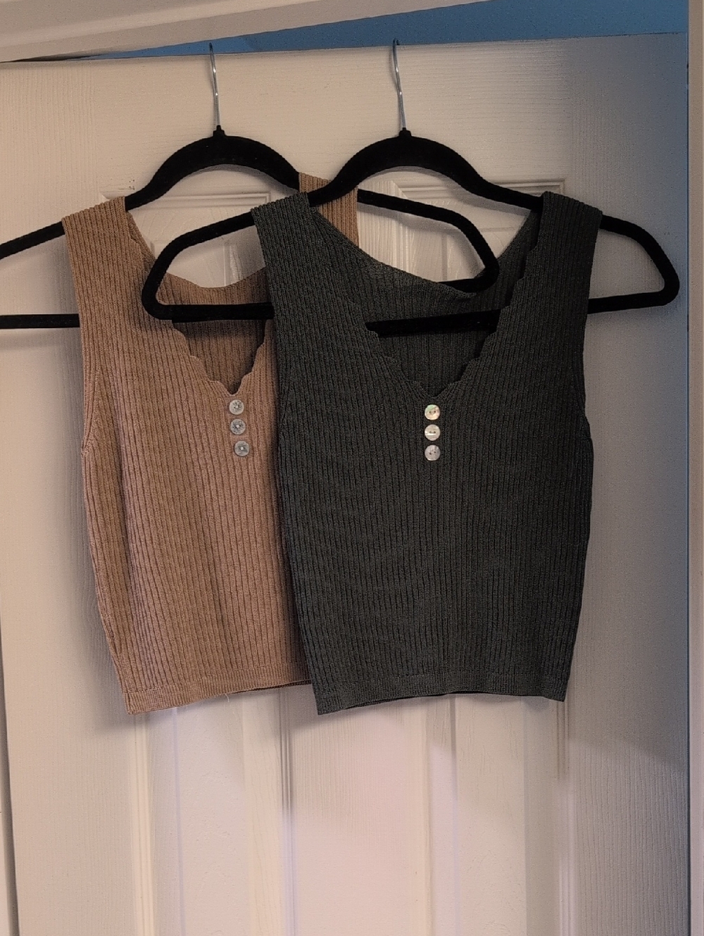 2 Ribbed V-Neck Button Tank Top - Tan and Olive